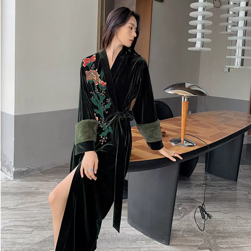 耀婷金丝绒睡衣女士秋冬中长袖长款女睡袍浴袍高级感家居服冬天女