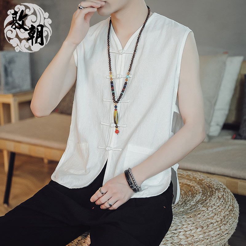 Verano estilo chino Chaleco de los hombres chaleco Lino estilo retro hanfu estilo chino hebilla con cuello en V chaleco algodón Lino Tang traje hombres image 5