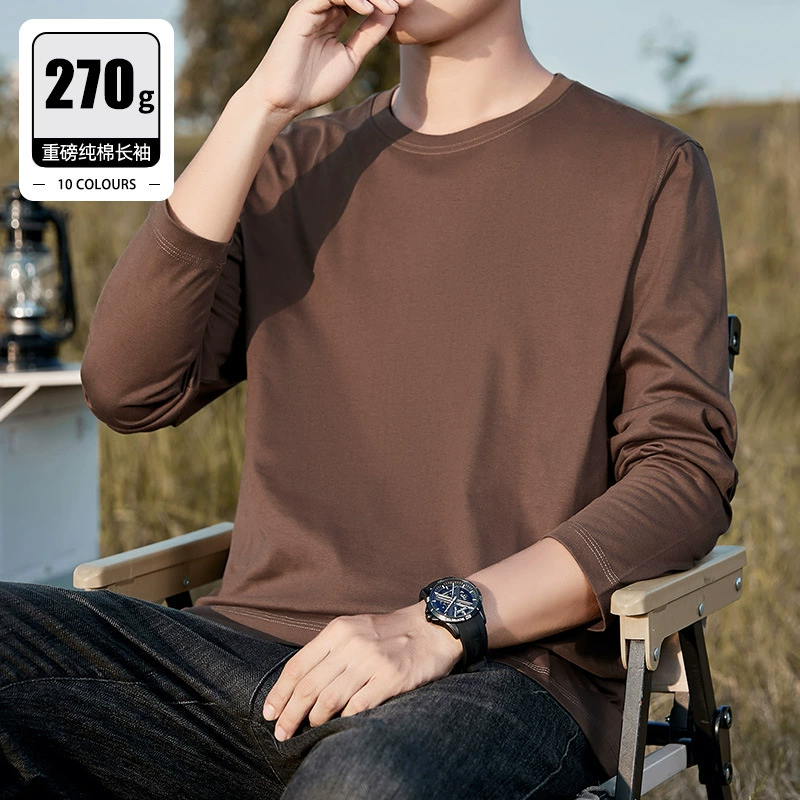 Роскошная мужская футболка из длинноволокнистого хлопка 270G с длинными рукавами, осенний высококачественный однотонный универсальный свободный топ из чистого хлопка.