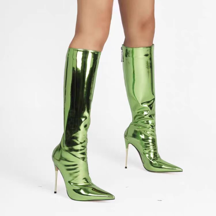 European and American Export Pointed-Toe Stiletto High-Heeled Knee-High Boots with Side Zipper, Size 45, Metal Heel, Runway Fashion Boots, Women's High Boots