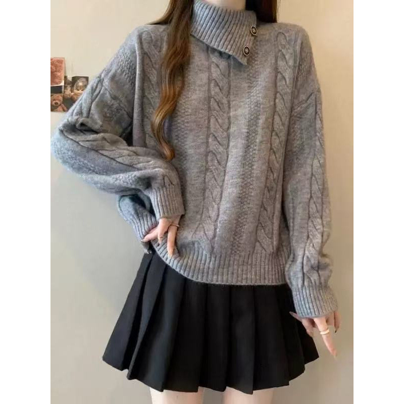Suéter de torsión de hombro de cuello alto de alta calidad para mujeres 2025 otoño gran grasa mm con solapa irregular camisa de punto superior