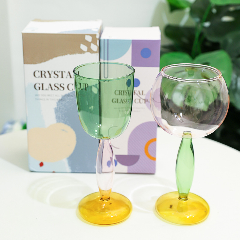 Red neta de alto valor, copa de vidrio de color de contraste de viento ins, costura para el hogar, copa de vino de vidrio de borosilicato esférico de color