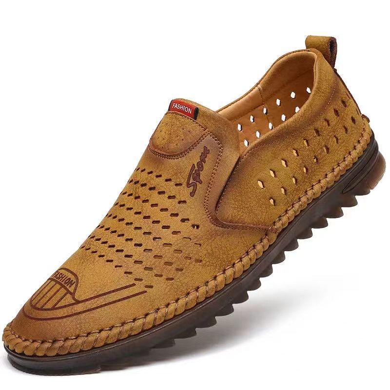 Summer Men's Sandals Hollow Hole Mesh Breathable Work Slip-on No Shoelaces Business Casual Leather Shoes