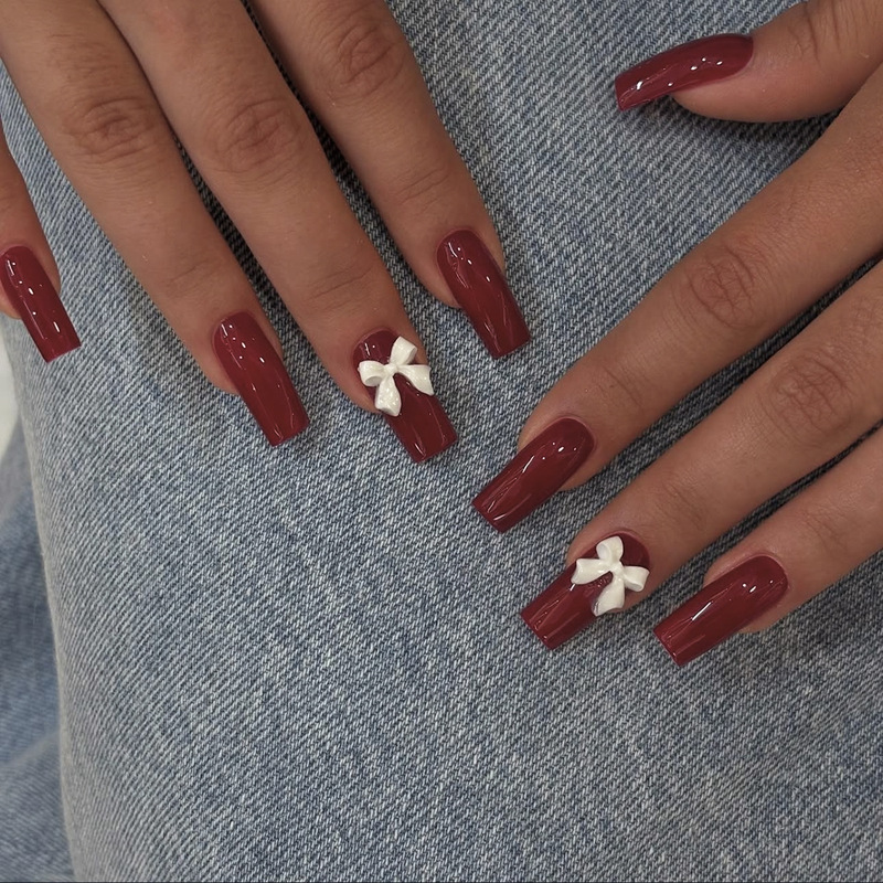 Cross-Border Popular Valentine's Day Wearable Nails, Simple Red Nails, White Bows, Elegant Long Water Pipes, 24 Pieces of Wearable Nails