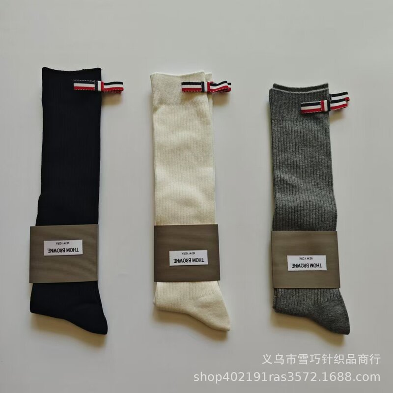 Four Seasons TB College Style Double Needle Tom Brown Bow Craft Solid Color All-Match Maillard High Leg Socks