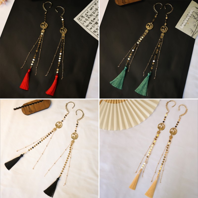 Ancient Style Tassel Earrings in Green, Red, and Black, Unisex Earrings for Hanfu, New Chinese Style Cosplay Makeup Accessories