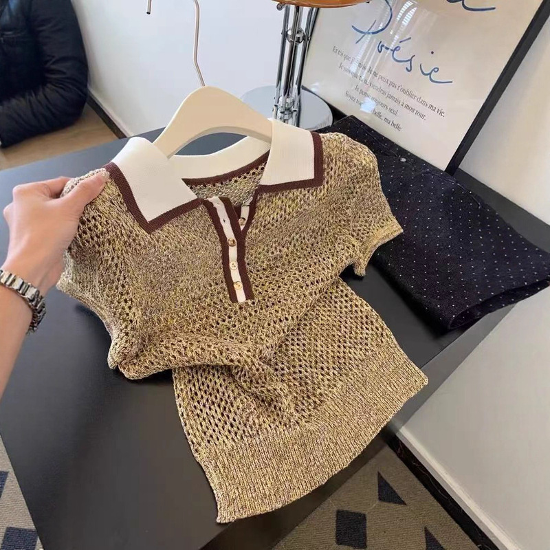 Color-Block Polo Collar Knit Short-Sleeve T-Shirt for Women, Cropped Style with Cut-Out Design, Summer Lightweight Luxury High-End Feel