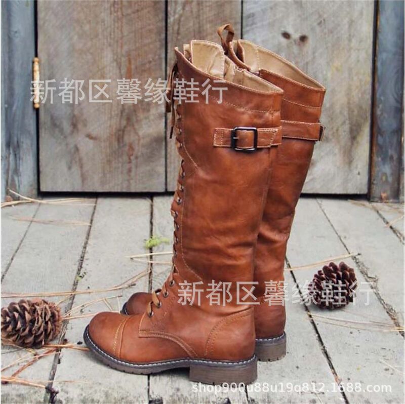 35-43 plus size European and American cross-border side zipper front lace-up riding boots knee-high boots retro casual simple women's boots X651 35-43 plus size European and American cross-border side zipper front lace-up riding boots knee-high boots retro casual simple women's boots X651