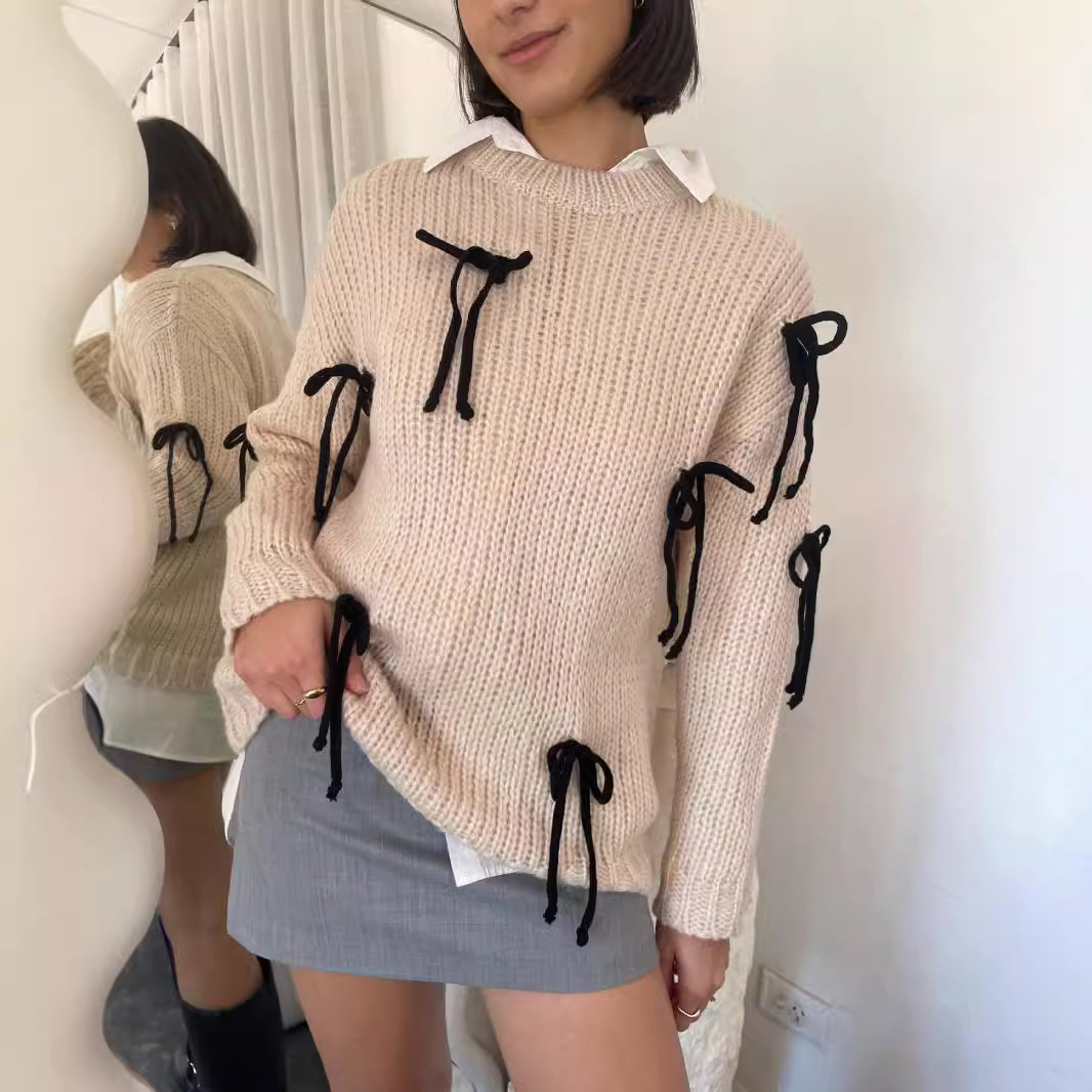 新款2024秋冬欧美亚马逊速卖通跨境圆领蝴蝶结上衣针织衫女毛衣
