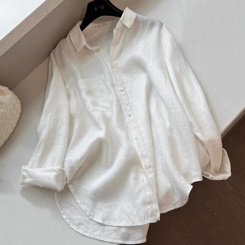 White Linen Old Money Style Shirt for Women Summer Thin Loose Slimming Look Classy Cotton and Linen Shirt Long-Sleeved Sun Protection Top