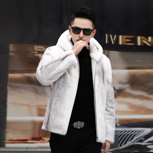 New Fashion Whole Mink Cross Mink Imitation Fur Mink Coat Hooded Thick Deerskin Men's Coat White Mink