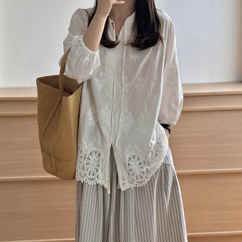 2026 Korean Style Lazy Style Heavy Embroidery Holiday Style Blouse for Women Summer Slimming Top Mid-Sleeve Shirt 2026 Korean Style Lazy Style Heavy Embroidery Holiday Style Blouse for Women Summer Slimming Top Mid-Sleeve Shirt