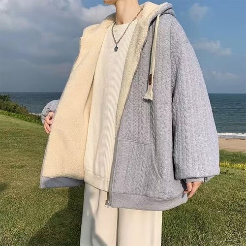 Lamb Wool Men's Winter Fleece Thick Jacket Cotton Padded Youth American Streetwear Hooded Warm Winter Coat