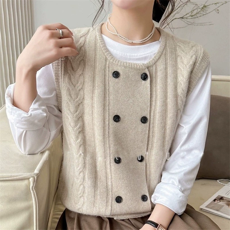 Корейский ретро-стиль двубортный трикотажный жилет кардиган женский 2024 осень и зима новый стек свитер жилетка женский