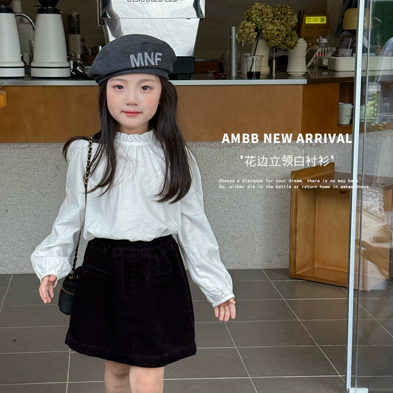 艾摩贝贝女童秋季洋气内搭白色衬衣儿童气质花边立领提花衬衫上衣