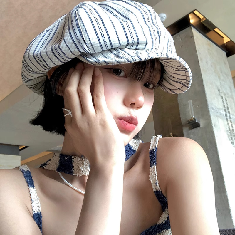 レトロストライププリーツベレー帽女性の春と夏のニッチ不規則な大きな頭囲顔を小さくする日焼け止め画家の帽子|undefined