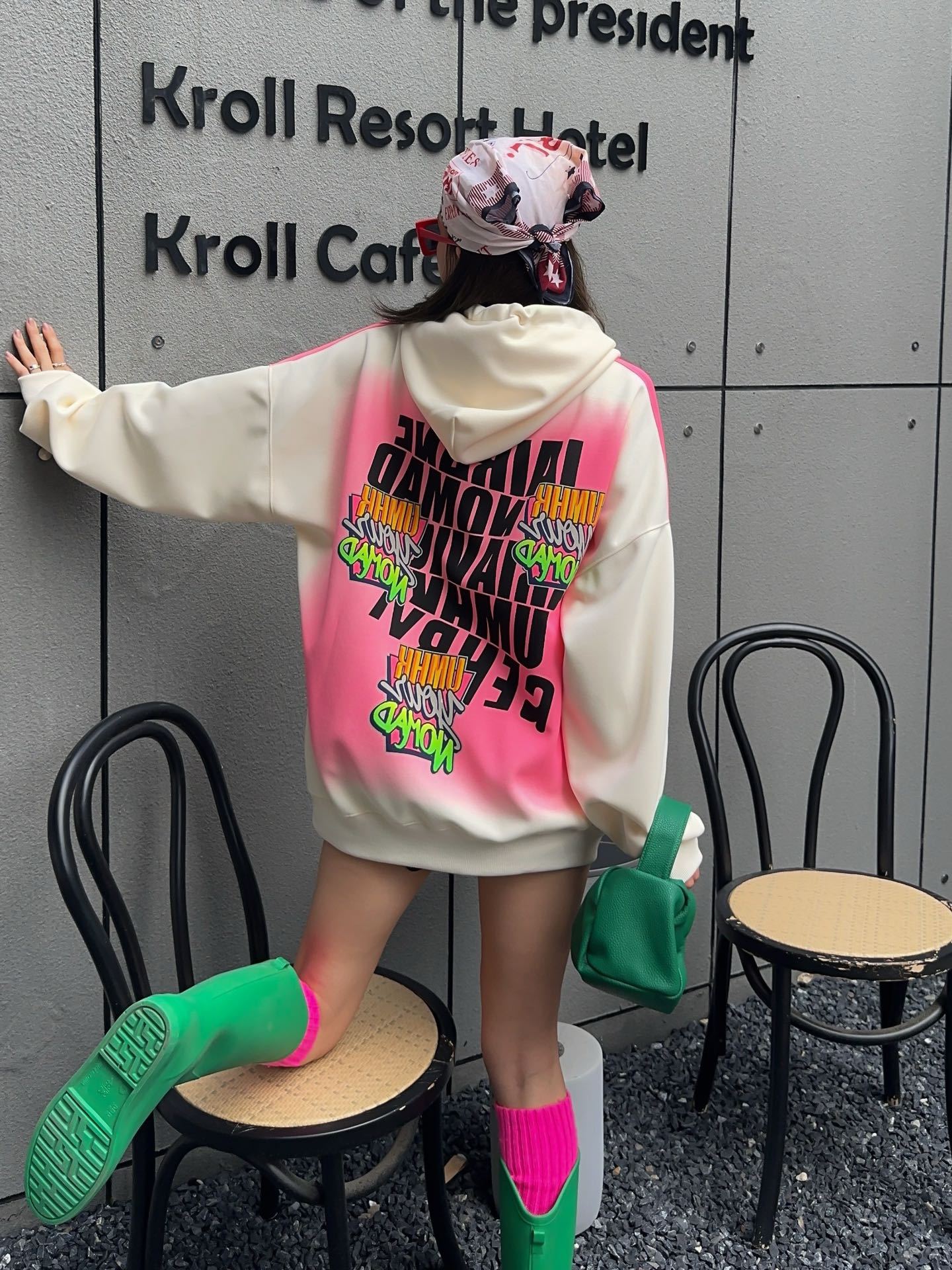 Women's Clothing Large size national trend brand retro graffiti full print hooded sweatshirt women's medium and long chic style hoodie top trend_voghion.com