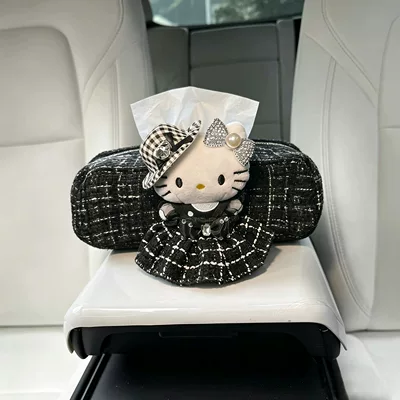 Chanel-Style Car Tissue Box with a High-End Feel, Creative Design for the Dashboard, Practical Hanging Type for Women, Armrest Box, Car Pull-Out Type (Car tissue box/set) - diamond-black-straw-hat-silver-diamond-knot-black-diamond-small-fragrant-skirt-little-black-cat-armrest-black-small-fragrant-tissue-bag