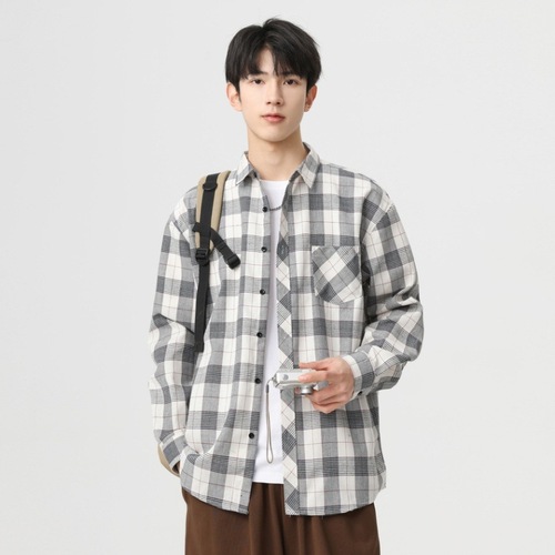 Japanese-style checked stylish men's spring and autumn long-sleeved versatile retro shirt for men's casual jacket