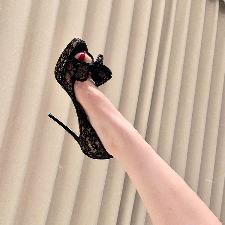 2025 Open-Toe Fish-Mouth Mesh Lace Embroidered Bow Waterproof Platform Sandals Stiletto High Heels