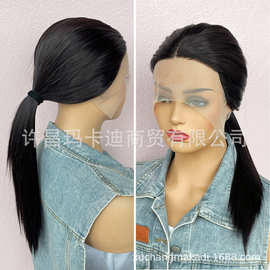 欧美假发wig 化纤前蕾丝头套T型蕾丝黑棕色长直发假发 工厂现货批