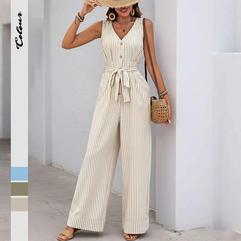 【Baifen Clothing】Amazon Cross-Border 2025 New Popular Casual Simple Jumpsuit Striped Long Jumpsuit