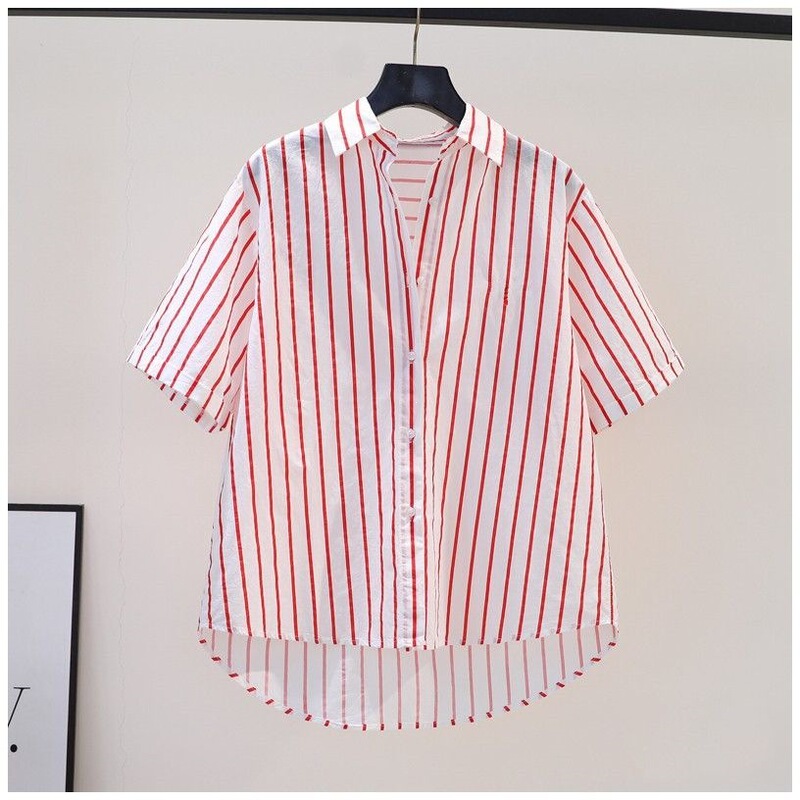 High-Quality Cotton Striped Short-Sleeved Shirt 2026 Summer New Style Slim Casual Loose Cardigan Shirt for Women to Wear Outside