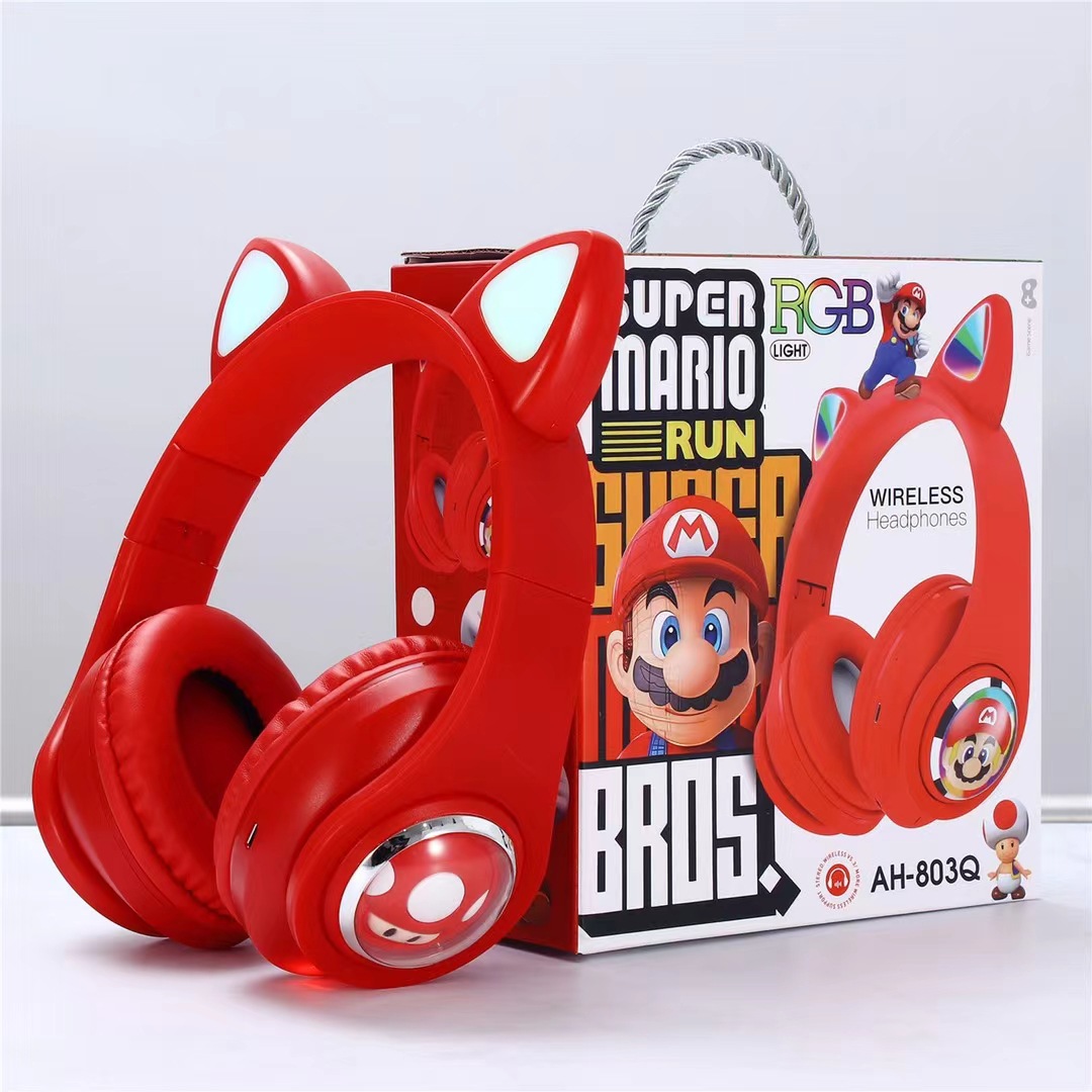 Comercio exterior AH-803Q oídos de gato Mario auriculares Bluetooth inalámbricos auriculares estéreo plegables de dibujos animados image 7