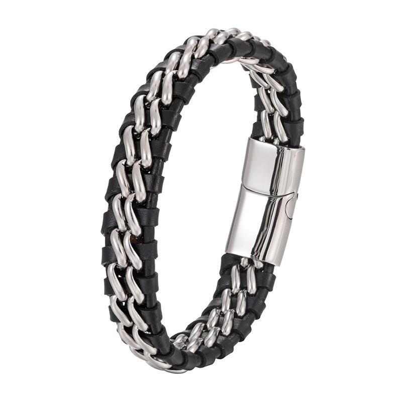 Trendy Jewelry Minimalist Style Double Titanium Steel Chain Genuine Leather Bracelet Vintage Punk Men's Braided Leather Rope Geometric Lines