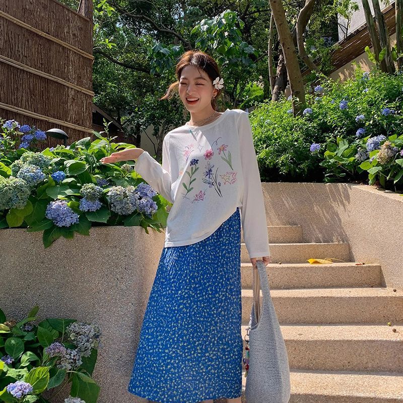 Korean Flower Print Snowflake Cotton Right Shoulder Long-Sleeved T-Shirt Women's Summer Thin Sun Protection Blouse Loose Top