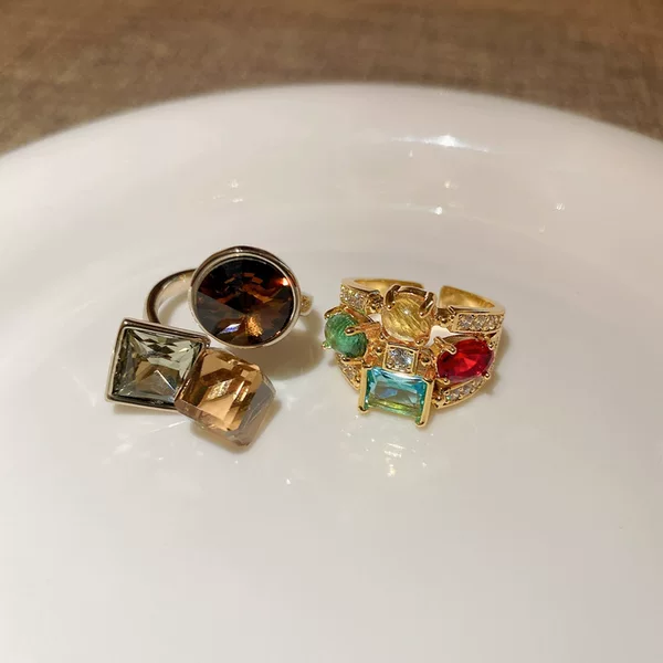 Zircon Geometric Oval Multi-Layered Colorful Open Ring Fashionable Creative Design Index Finger Ring Personalized Hand Jewelry