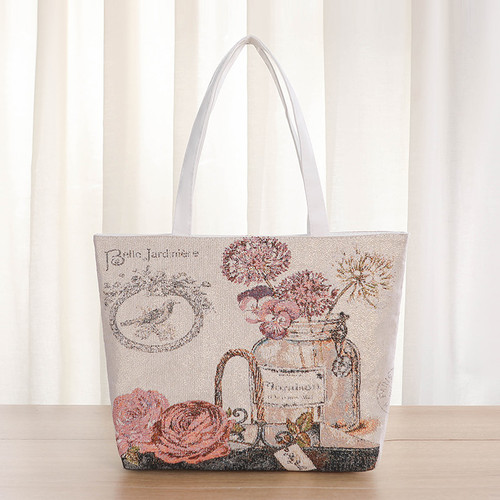 Shoulder bag for women, canvas bag for women, large capacity with zipper, fashionable new woven gold thread cartoon, for students, book style