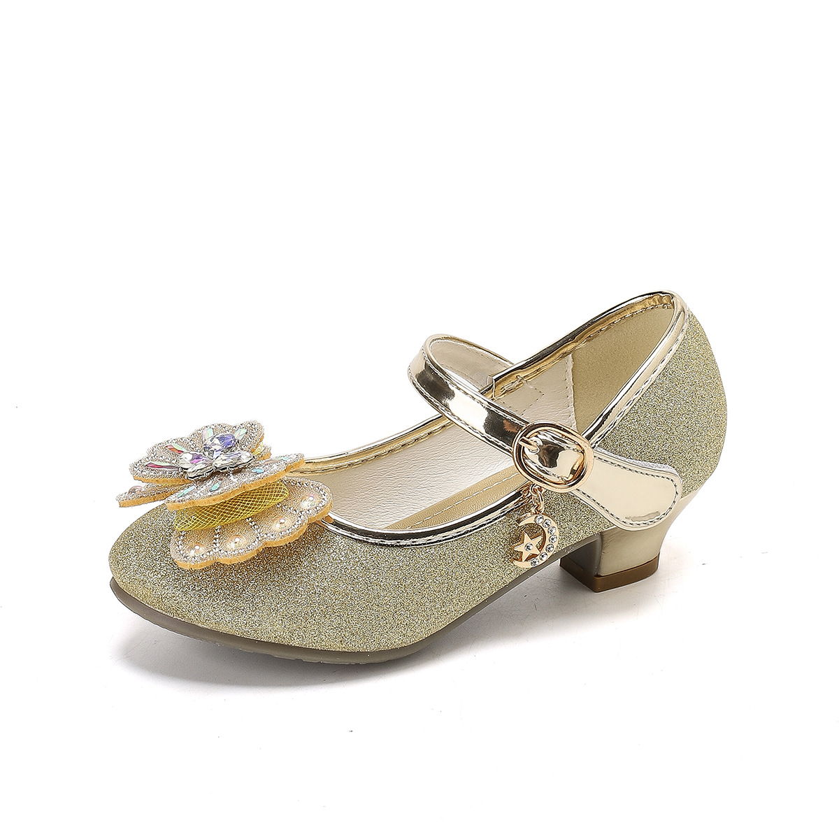 Niñas de tacones altos 2025 primavera brillante zapatos de cuero para niños princesa zapatos de cristal con vestido de espectáculo zapatos de sola suave