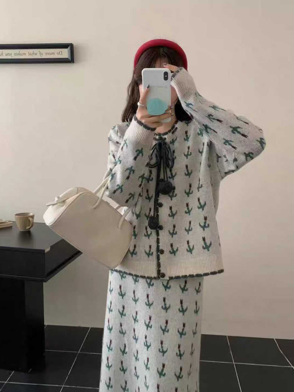 法式碎花复古风花边套装女秋冬新款系带毛衣外套半身裙针织两件套|undefined