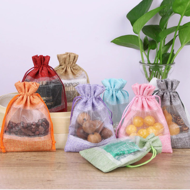 现货首饰文玩防尘收纳布袋一面开窗网纱麻布抽绳袋礼品包装袋批发