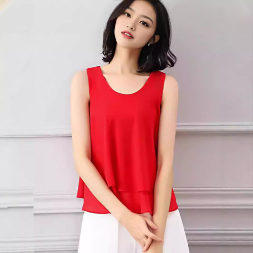Women's round neck two-layer chiffon camisole with spaghetti straps, loose outerwear, sleeveless top, white basic shirt for summer