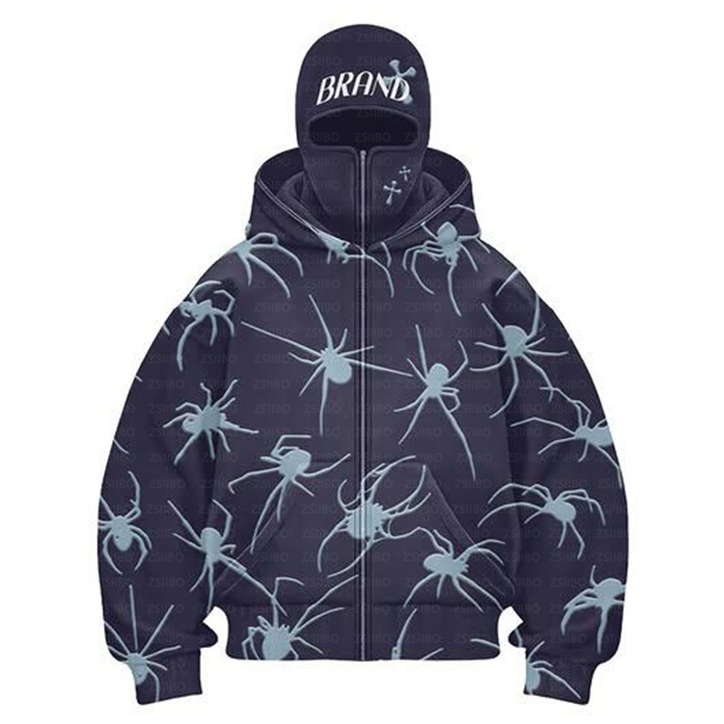 Oumier New Fashion Y2K Personality Street Spider Print Couple Giacca antivento con cappuccio doppio e mascherina_voghion.com
