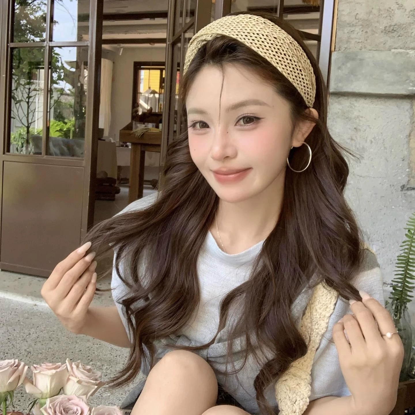 Корейский стиль, ленивый дизайн, бежевая соломенная повязка на голову с полной атмосферой и высоким давлением на голову, повязка для волос, аксессуар для волос для женщин