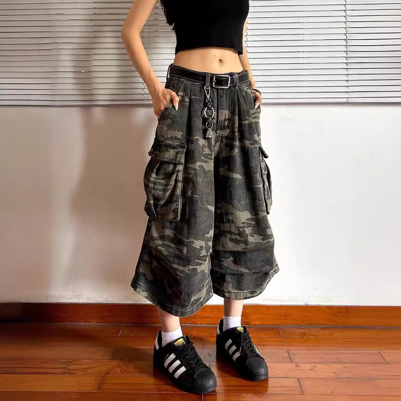 Vintage-Style Denim Camouflage Work Pants, Unisex Loose Straight Wide-Leg Trendy Camouflage Cropped Pants