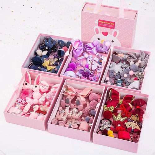 New Year's gift bow rabbit hairpin children's hair accessories headdress 18-piece set gift box little girl bangs hairpin