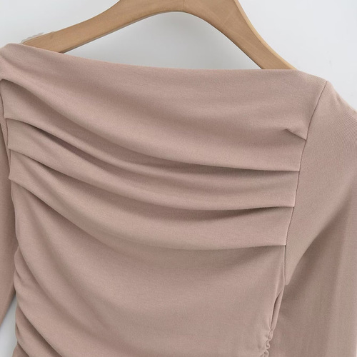 Women's Autumn Sweet and Spicy Instagram Slope-Shoulder Base Shirt Slim Folded Long-Sleeve Short T-Shirt
