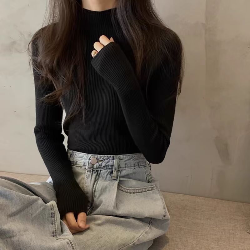 缤纷色彩长袖针织衫上衣女秋季新款内搭打底衫修身紧身半高领毛衣|undefined