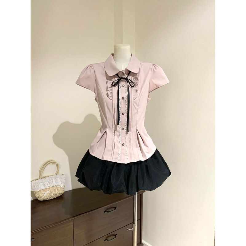 In-stock vintage-inspired Korean-style elegant doll collar tie-waist top and black puffy skirt summer two-piece set In-stock vintage-inspired Korean-style elegant doll collar tie-waist top and black puffy skirt summer two-piece set