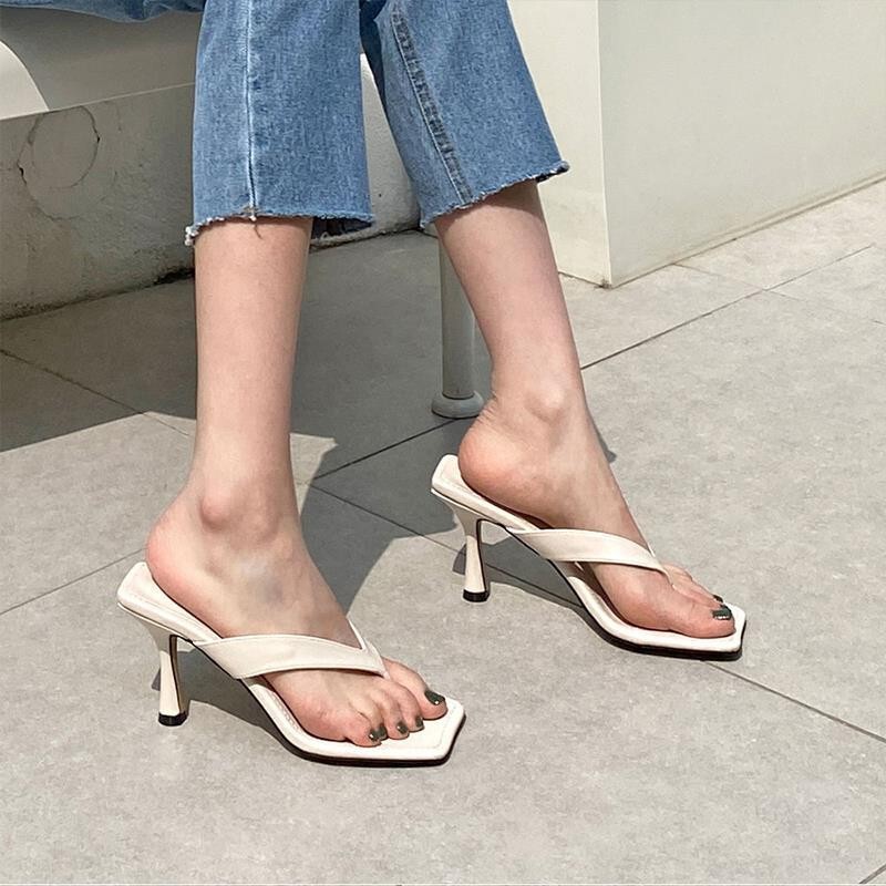Flip-Flops Thong Slippers for Women 2025 Summer New European and American Square Toe Internet Celebrity Sexy Stiletto Heels Off-White High Heels