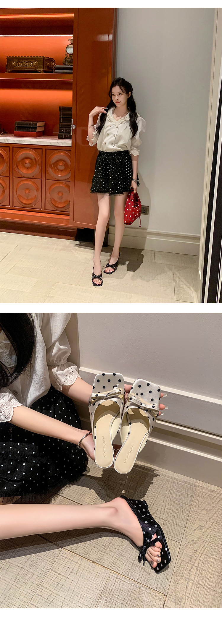 Sandal cao gót nữ hở mũi mũi vuông phong cách Pháp, quai ngang nơ bướm, đế xuồng chấm bi — màu đen, màu trắng chi tiết 9