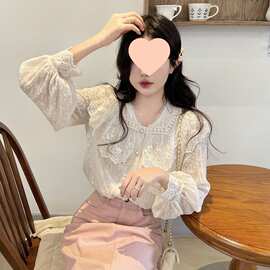 早春法式上衣设计感小众法式甜美女士白衬衫重工刺绣蕾丝长袖衬衣