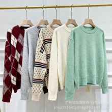 秋冬女装毛衣便宜服装批发圆领毛衣女纽扣针织衫尾货地摊外贸货源