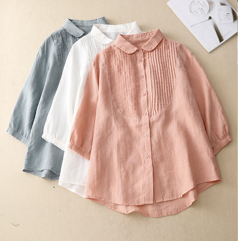 315g Weight Retro Artistic Loose Cotton Linen Shirt French Piano Pleat New Summer Style Women's Basic Shirt Pure Color Commute Fashion