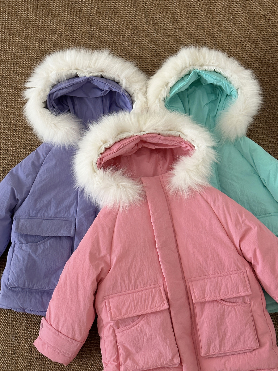 Otoño e Invierno DE LOS NIÑOS abajo chaqueta de media longitud espesado cuello de piel grande pato blanco abajo ropa de los niños abajo chaqueta abrigo de invierno