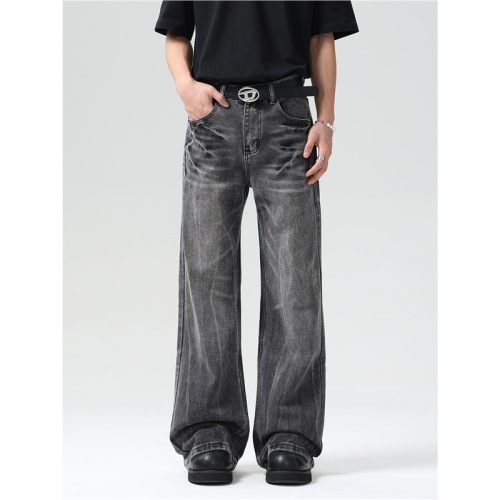 Vintage lightning crack black and gray men's straight-leg slim-fit trousers with American street style vibe